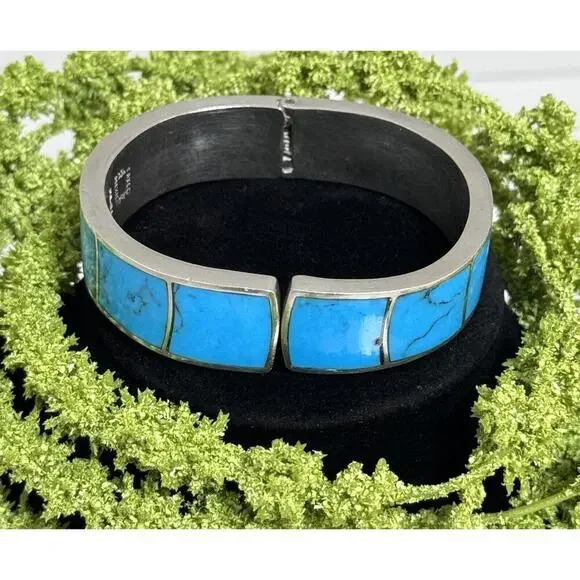 Vintage Taxco Turquoise Inlay Sterling Silver Chunky Clamper Bracelet - Picture 2 of 7
